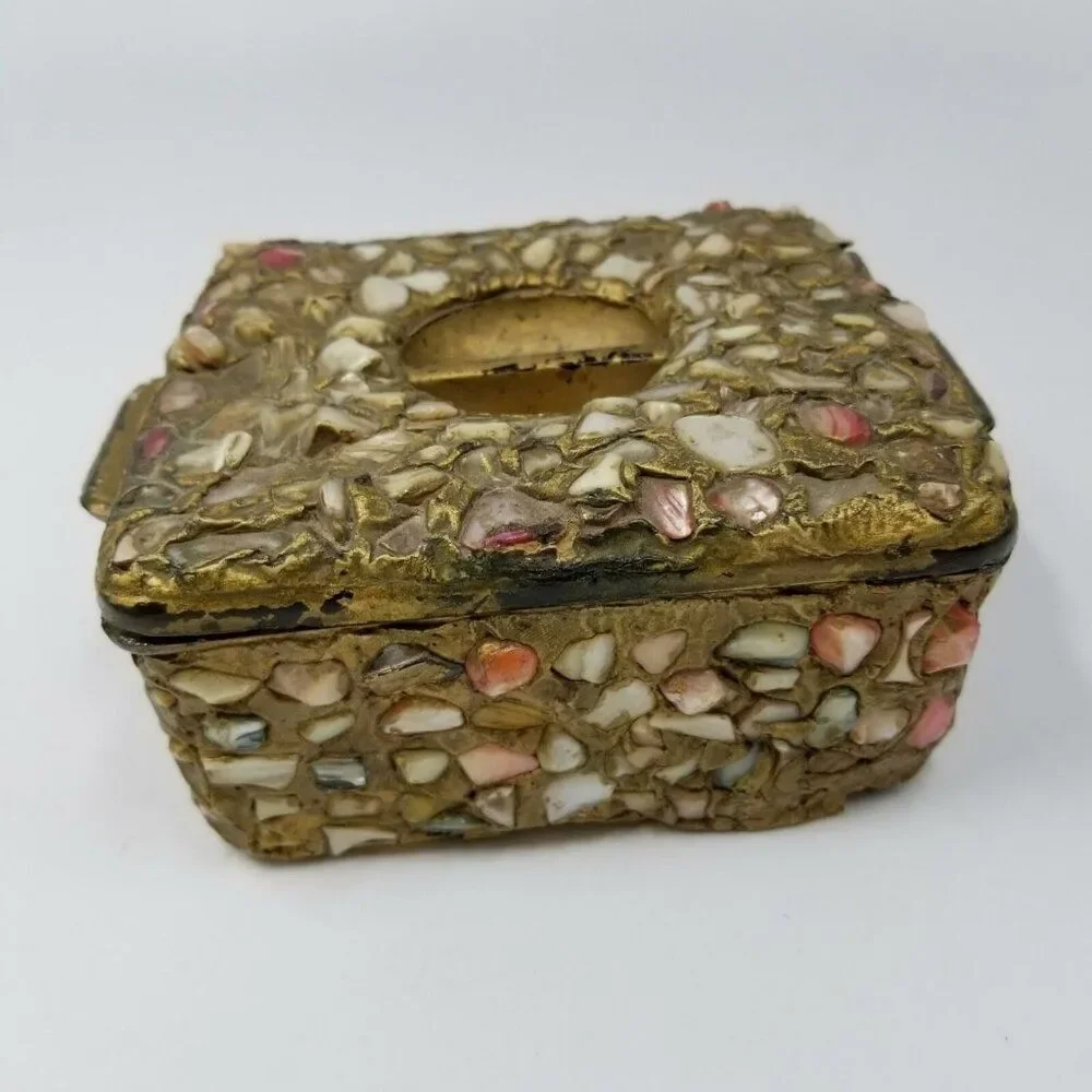 Moroccan Wedding Jewelry Box Inlaid Semi-Precious Stones Gems Gold 2.5